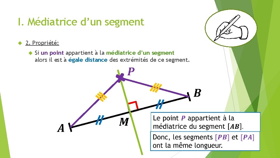 I. Médiatrice d’un segment 2. Propriété: Si un point appartient à la médiatrice d’un