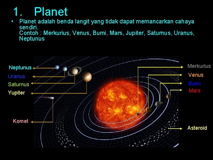 1. Planet • Planet adalah benda langit yang tidak dapat memancarkan cahaya sendiri. Contoh