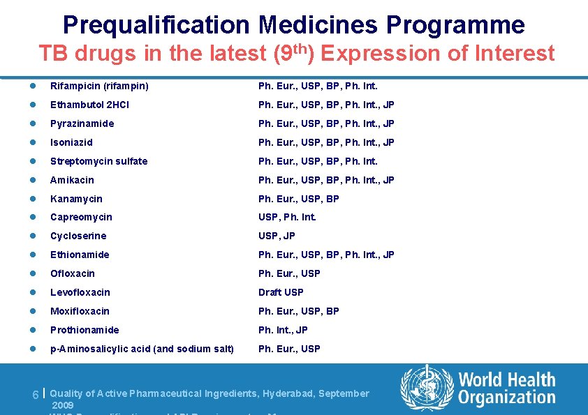 Prequalification Medicines Programme TB drugs in the latest (9 th) Expression of Interest l