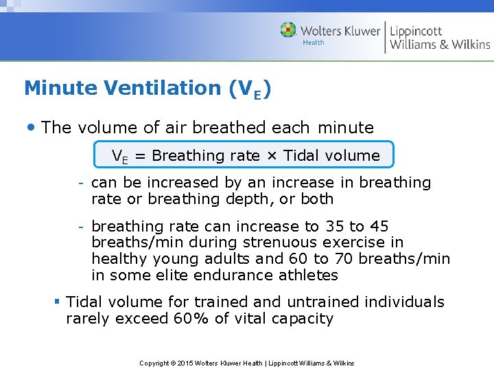 Minute Ventilation (VE) • The volume of air breathed each minute VE = Breathing