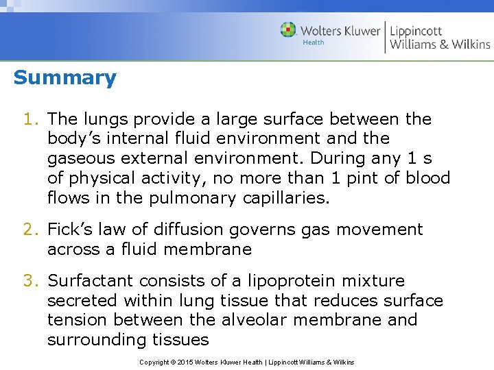 Summary 1. The lungs provide a large surface between the body’s internal fluid environment