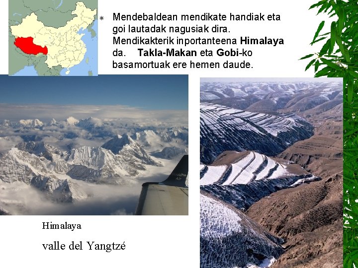  Mendebaldean mendikate handiak eta goi lautadak nagusiak dira. Mendikakterik inportanteena Himalaya da. Takla-Makan