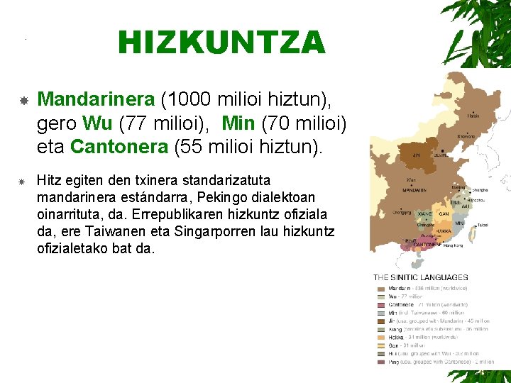 . HIZKUNTZA Mandarinera (1000 milioi hiztun), gero Wu (77 milioi), Min (70 milioi) eta