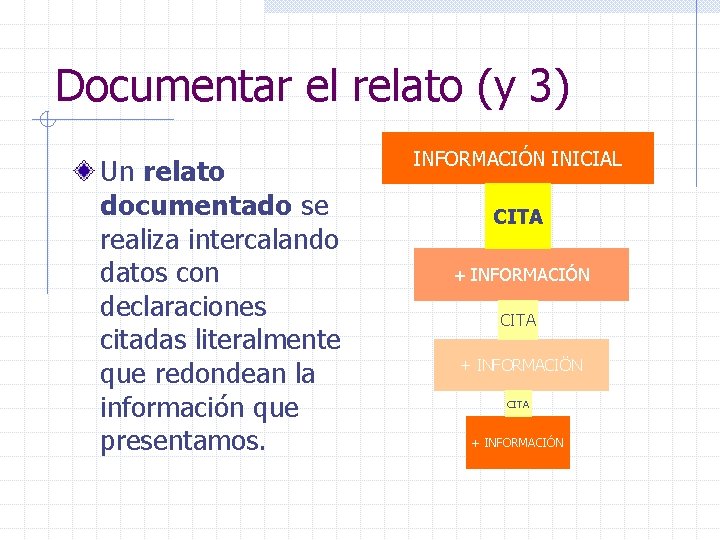 Documentar el relato (y 3) Un relato documentado se realiza intercalando datos con declaraciones