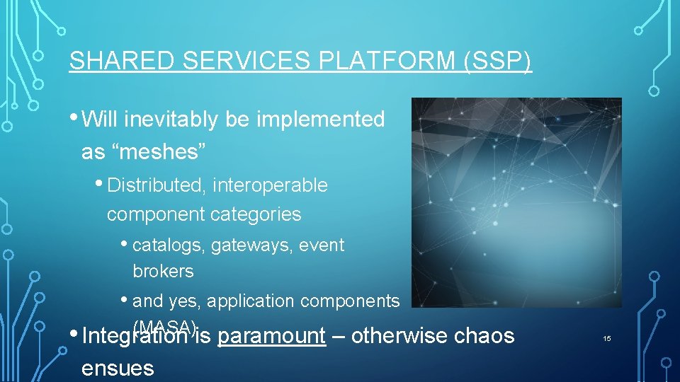 SHARED SERVICES PLATFORM (SSP) • Will inevitably be implemented as “meshes” • Distributed, interoperable