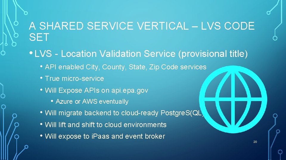 A SHARED SERVICE VERTICAL – LVS CODE SET • LVS - Location Validation Service