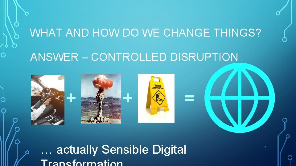 WHAT AND HOW DO WE CHANGE THINGS? ANSWER – CONTROLLED DISRUPTION + + =