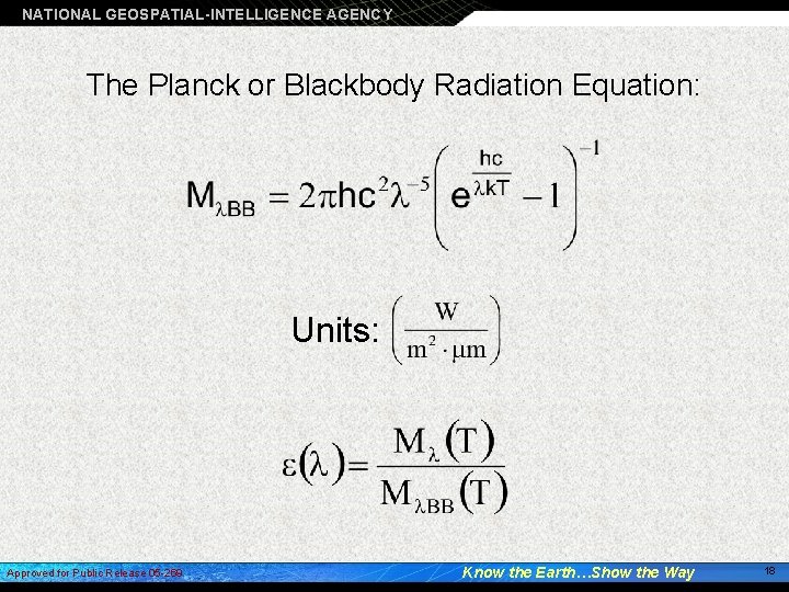 NATIONAL GEOSPATIAL-INTELLIGENCE AGENCY The Planck or Blackbody Radiation Equation: Units: Approved for Public Release