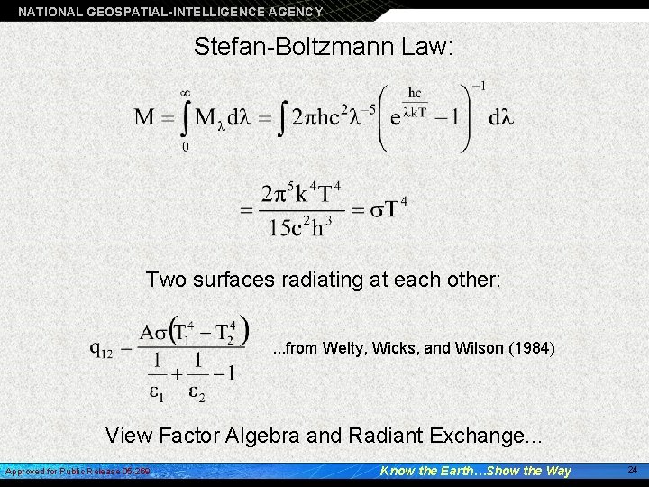 NATIONAL GEOSPATIAL-INTELLIGENCE AGENCY Stefan-Boltzmann Law: Two surfaces radiating at each other: . . .