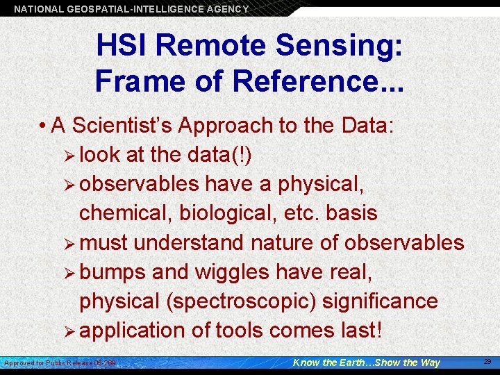 NATIONAL GEOSPATIAL-INTELLIGENCE AGENCY HSI Remote Sensing: Frame of Reference. . . • A Scientist’s