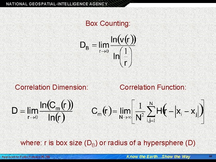 NATIONAL GEOSPATIAL-INTELLIGENCE AGENCY Box Counting: Correlation Dimension: Correlation Function: where: r is box size