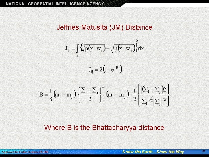 NATIONAL GEOSPATIAL-INTELLIGENCE AGENCY Jeffries-Matusita (JM) Distance Where B is the Bhattacharyya distance Approved for