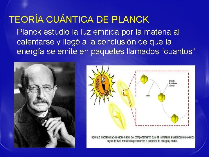 TEORÍA CUÁNTICA DE PLANCK Planck estudio la luz emitida por la materia al calentarse