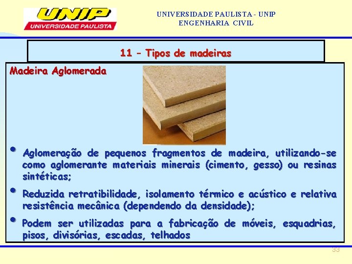 UNIVERSIDADE PAULISTA - UNIP ENGENHARIA CIVIL 11 – Tipos de madeiras Madeira Aglomerada •
