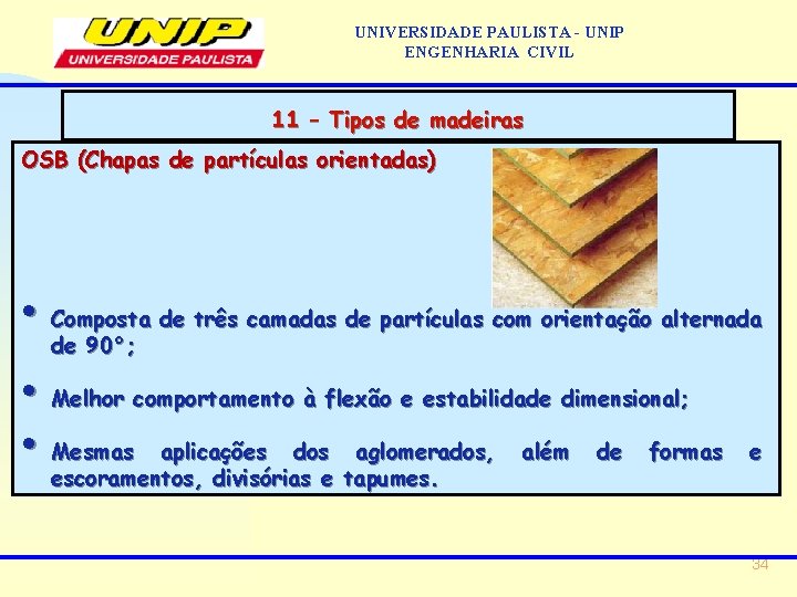 UNIVERSIDADE PAULISTA - UNIP ENGENHARIA CIVIL 11 – Tipos de madeiras OSB (Chapas de
