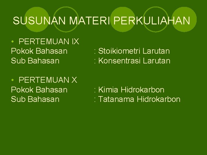 SUSUNAN MATERI PERKULIAHAN • PERTEMUAN IX Pokok Bahasan Sub Bahasan : Stoikiometri Larutan :