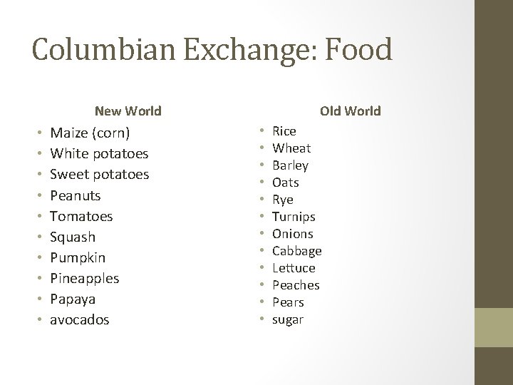Columbian Exchange: Food New World • • • Maize (corn) White potatoes Sweet potatoes