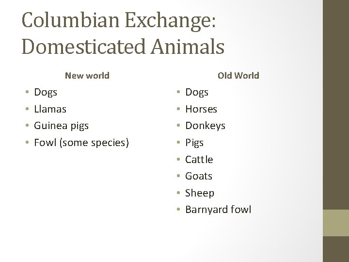 Columbian Exchange: Domesticated Animals New world • • Dogs Llamas Guinea pigs Fowl (some