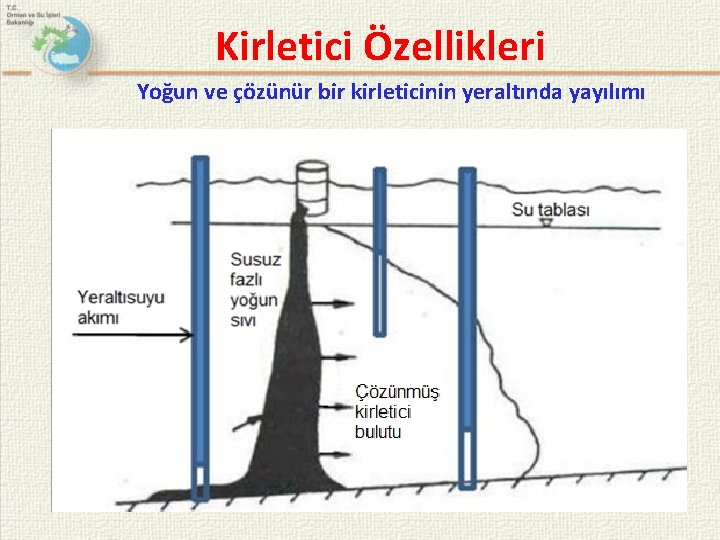 Kirletici Özellikleri Yoğun ve çözünür bir kirleticinin yeraltında yayılımı 