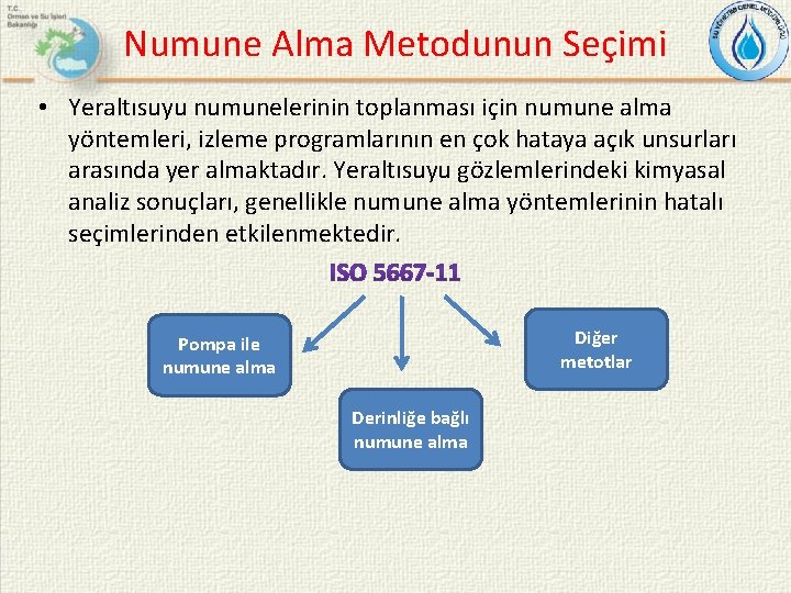 Numune Alma Metodunun Seçimi • Yeraltısuyu numunelerinin toplanması için numune alma yöntemleri, izleme programlarının