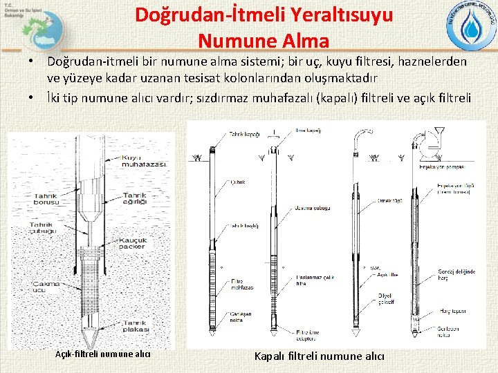 Doğrudan-İtmeli Yeraltısuyu Numune Alma • Doğrudan-itmeli bir numune alma sistemi; bir uç, kuyu filtresi,