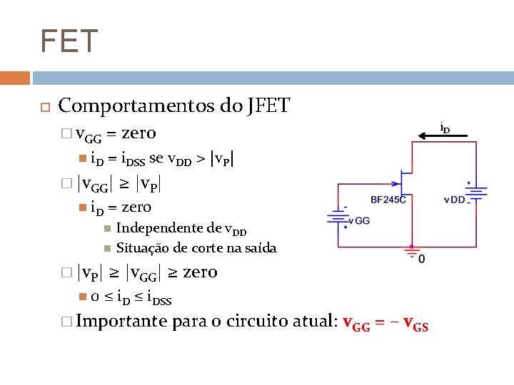 FET Comportamentos do JFET � v. GG i. D = i. DSS se v.