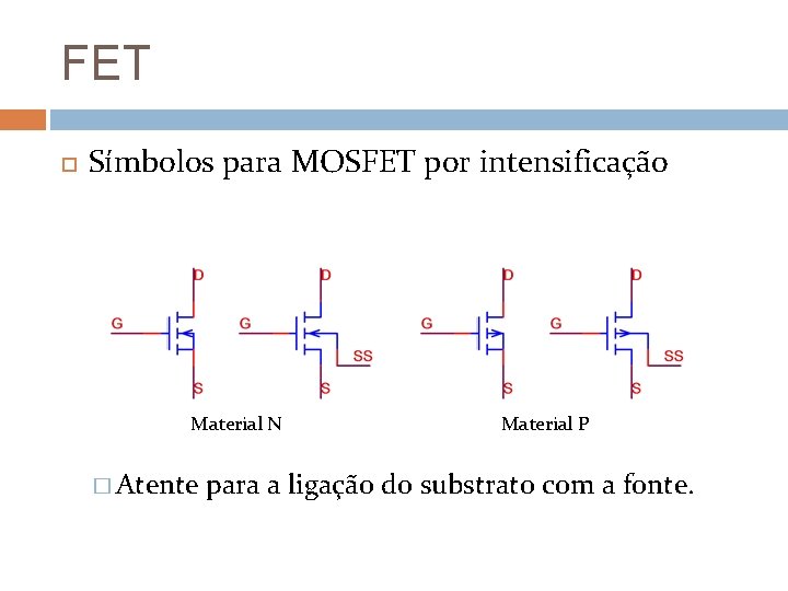 FET Símbolos para MOSFET por intensificação Material N � Atente Material P para a