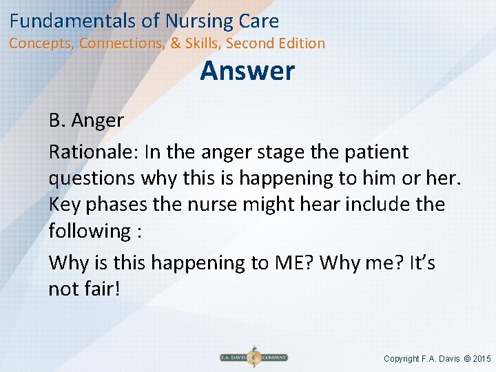 Fundamentals of Nursing Care Concepts, Connections, & Skills, Second Edition Answer B. Anger Rationale: