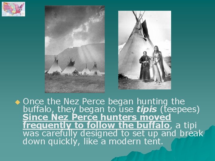 u Once the Nez Perce began hunting the buffalo, they began to use tipis