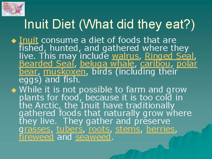 Inuit Diet (What did they eat? ) Inuit consume a diet of foods that