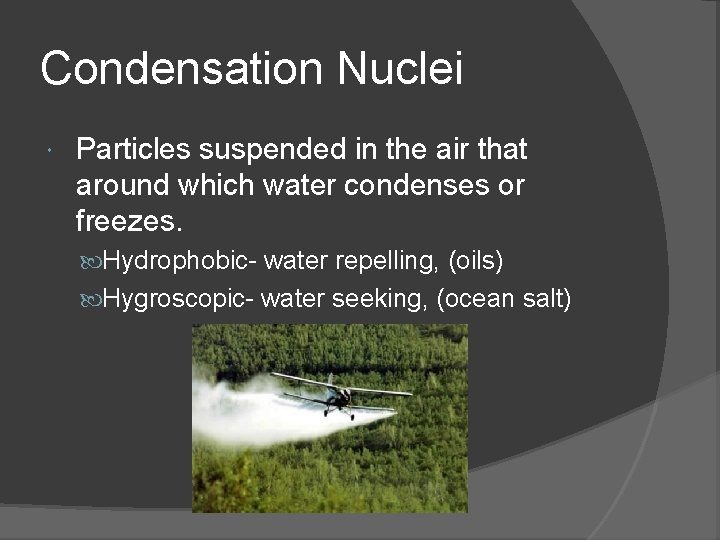 Condensation Nuclei Particles suspended in the air that around which water condenses or freezes.