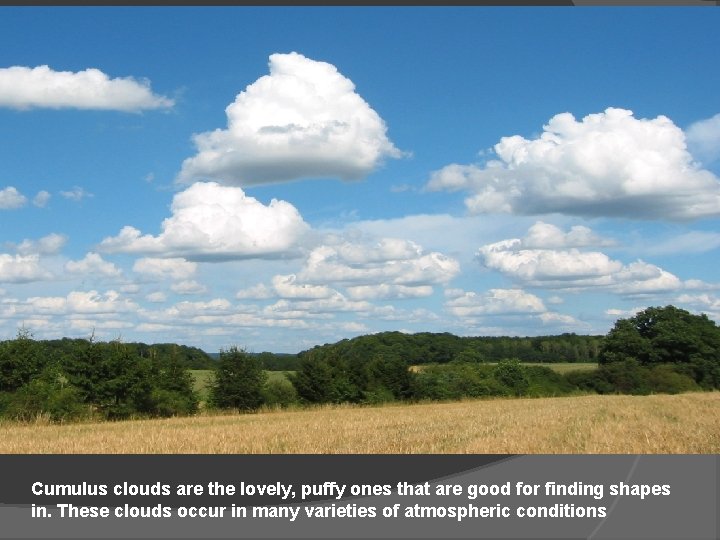 Cumulus clouds are the lovely, puffy ones that are good for finding shapes in.