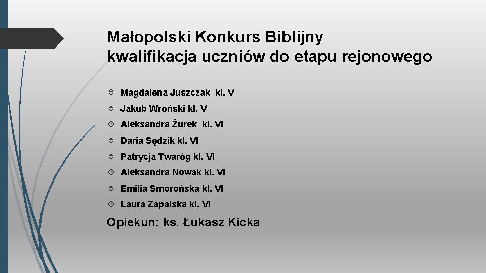 Małopolski Konkurs Biblijny kwalifikacja uczniów do etapu rejonowego Magdalena Juszczak kl. V Jakub Wroński