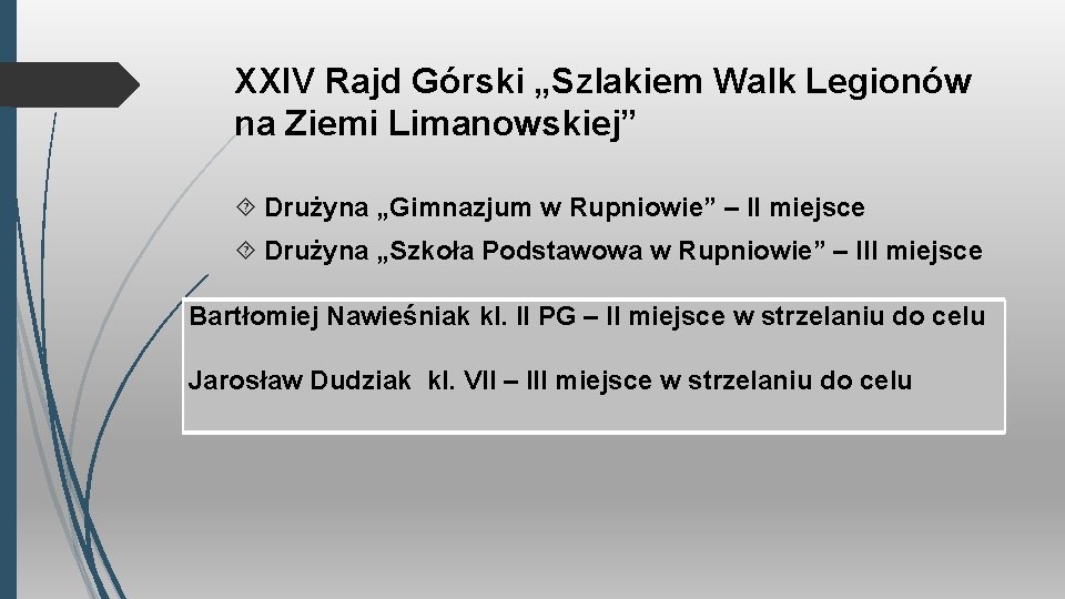 XXIV Rajd Górski „Szlakiem Walk Legionów na Ziemi Limanowskiej” Drużyna „Gimnazjum w Rupniowie” –