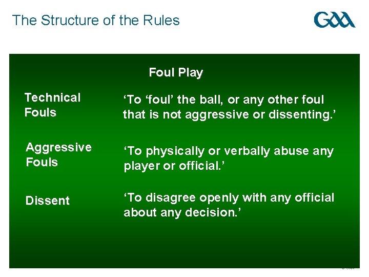 The Structure of the Rules Foul Play Technical Fouls ‘To ‘foul’ the ball, or