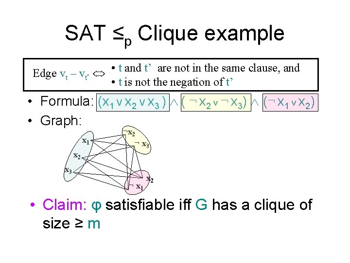 SAT ≤p Clique example Edge vt – vt’ • t and t’ are not