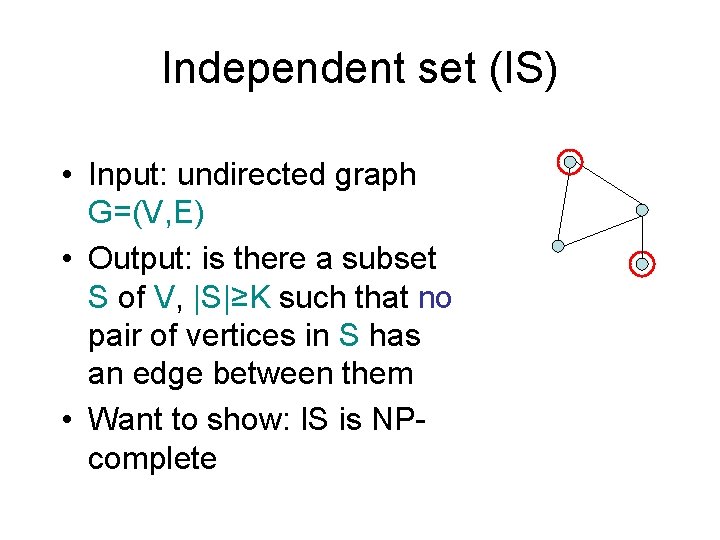 Independent set (IS) • Input: undirected graph G=(V, E) • Output: is there a