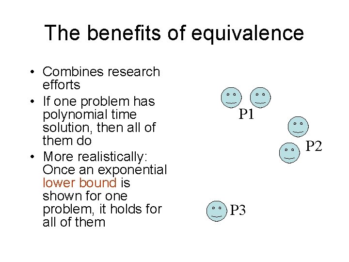 The benefits of equivalence • Combines research efforts • If one problem has polynomial