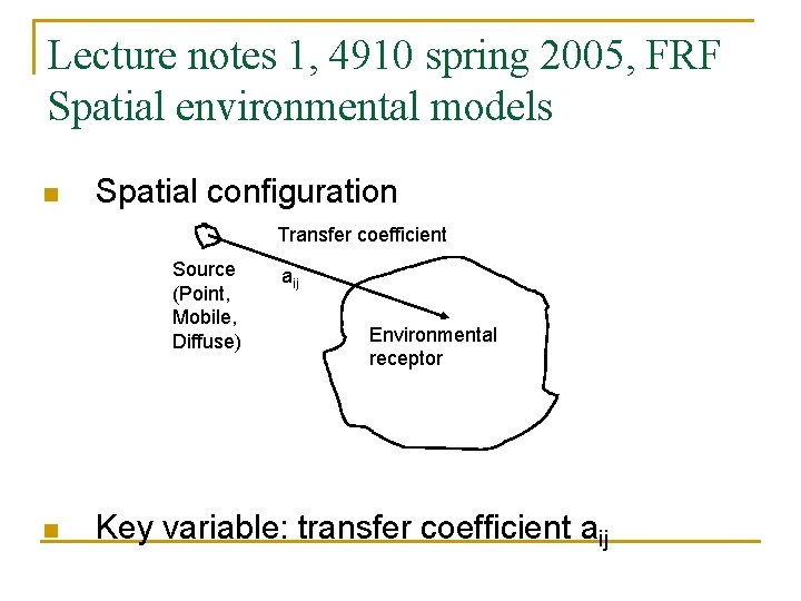 Lecture notes 1, 4910 spring 2005, FRF Spatial environmental models n Spatial configuration Transfer
