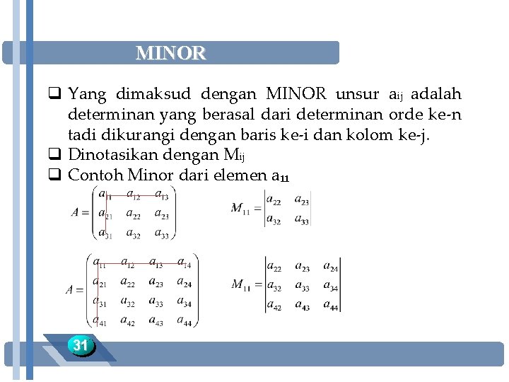 MINOR q Yang dimaksud dengan MINOR unsur aij adalah determinan yang berasal dari determinan