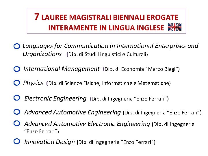 7 LAUREE MAGISTRALI BIENNALI EROGATE INTERAMENTE IN LINGUA INGLESE Languages for Communication in International