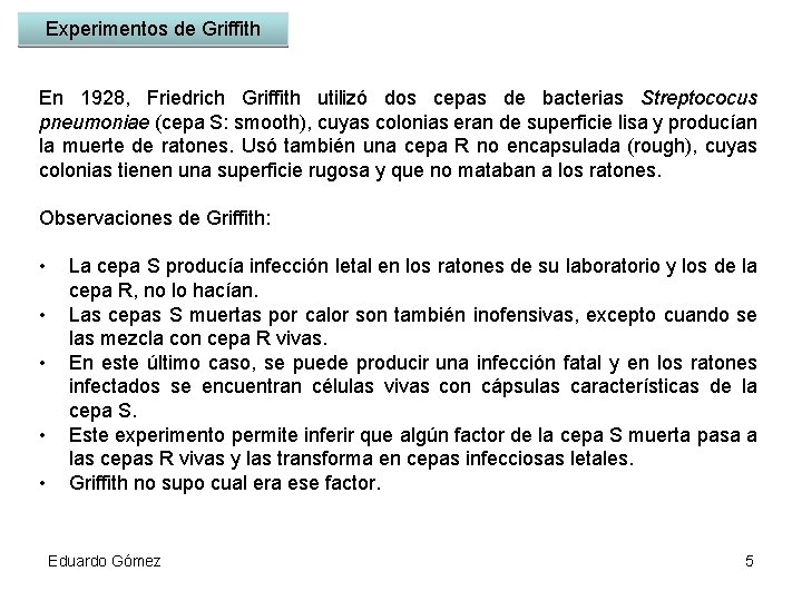 Experimentos de Griffith En 1928, Friedrich Griffith utilizó dos cepas de bacterias Streptococus pneumoniae