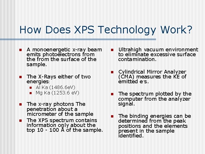 How Does XPS Technology Work? n n A monoenergetic x-ray beam emits photoelectrons from