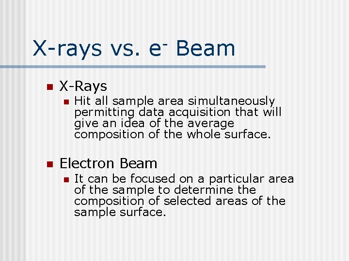 X-rays vs. e- Beam n X-Rays n n Hit all sample area simultaneously permitting X-rays vs. e- Beam n X-Rays n n Hit all sample area simultaneously permitting