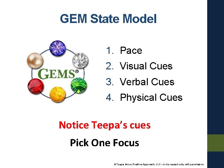 GEM State Model 1. Pace 2. Visual Cues 3. Verbal Cues 4. Physical Cues