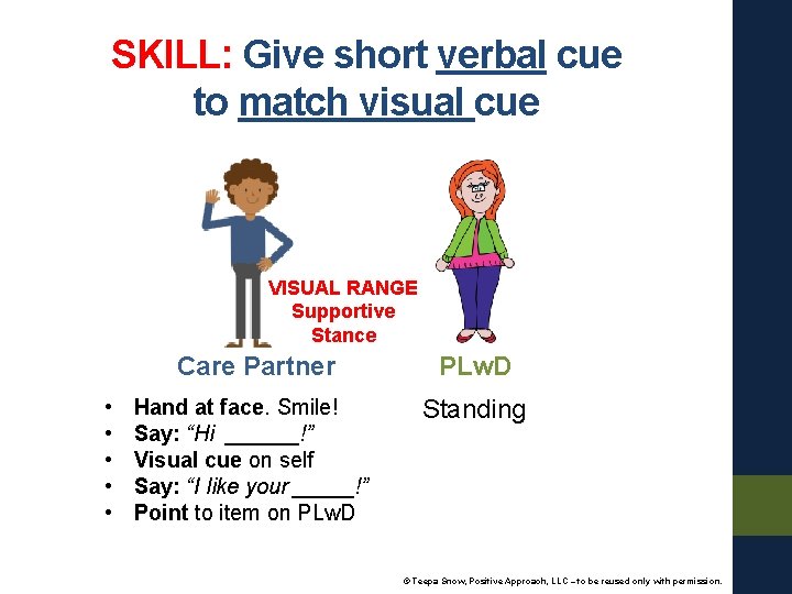 SKILL: Give short verbal cue to match visual cue VISUAL RANGE Supportive Stance •