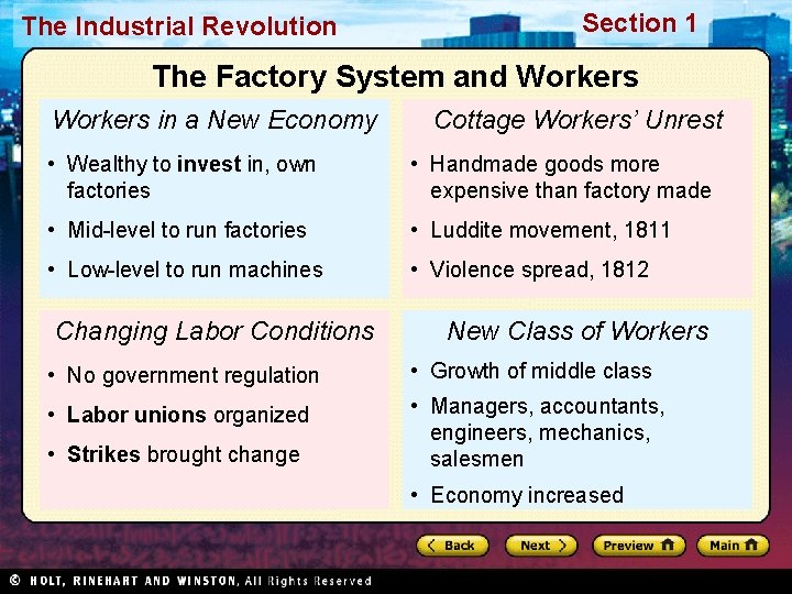 The Industrial Revolution Section 1 The Factory System and Workers in a New Economy