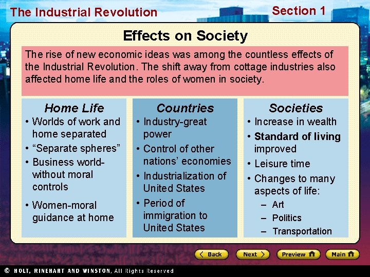 The Industrial Revolution Section 1 Effects on Society The rise of new economic ideas