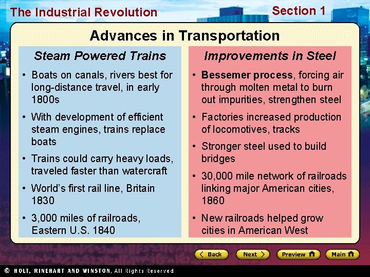 The Industrial Revolution Section 1 Advances in Transportation Steam Powered Trains Improvements in Steel