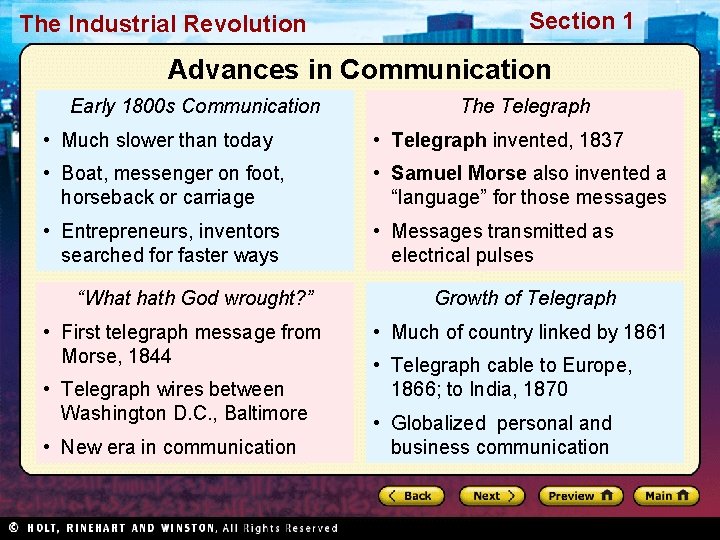 The Industrial Revolution Section 1 Advances in Communication Early 1800 s Communication The Telegraph